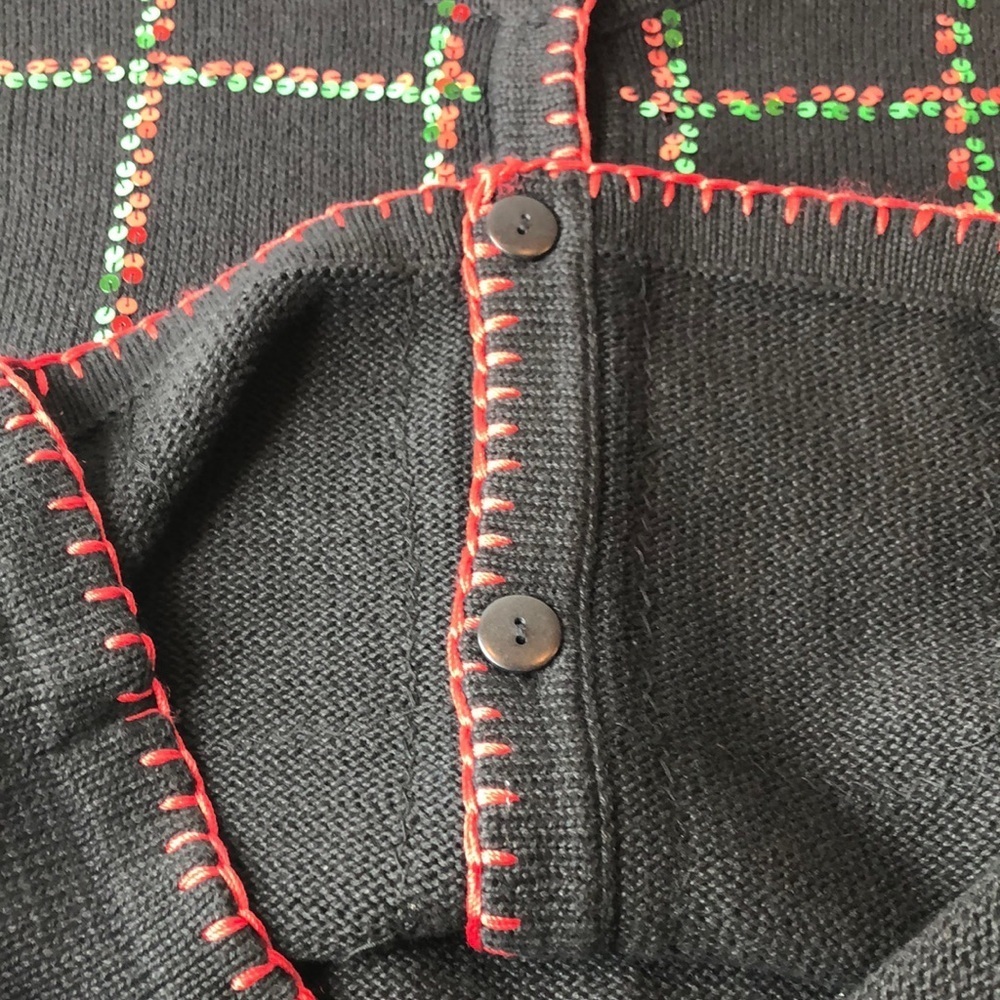 Vintage LEMON GRASS Festive Black Red Sequin Embellished Cardigan Sweater PM - Picture 8 of 13